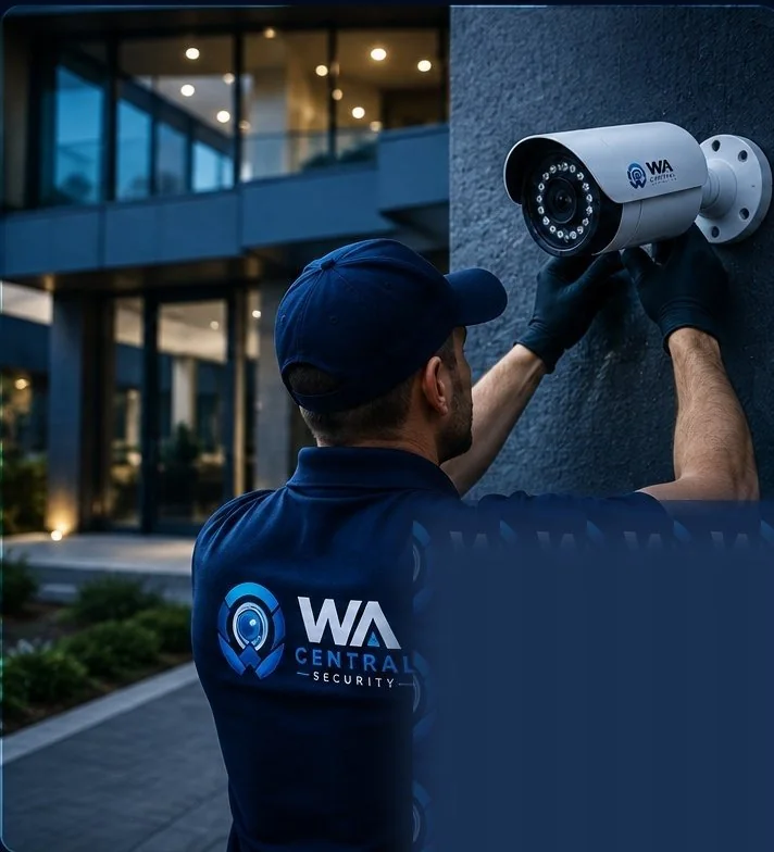 WA Central Security licensed technician installing CCTV security camera in Perth